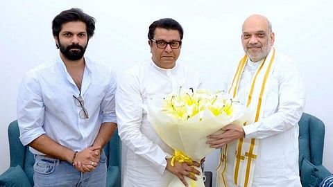 Union Home Minister Amit Shah with Maharashtra Navnirman Sena (MNS) chief Raj Thackeray and the latter's son Amit Thackeray during a meeting, in New Delhi, Tuesday, March 19, 2024.
