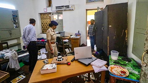 Police investigate the Gujarat University hostel campus where students hailing from different foreign countries were assaulted allegedly by a group of persons over the issue of offering Namaz, in Ahmedabad, Sunday, March 17, 2024.