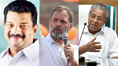 From L to R - LDF MLA P V Anwar, Congress leader Rahul Gandhi and Kerala CM P Vijayan
