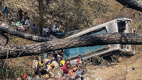 Bus carrying pilgrims fell into a gorge near Chowki Choura area of Akhnoor, in Jammu, Thursday, May 30, 2024.