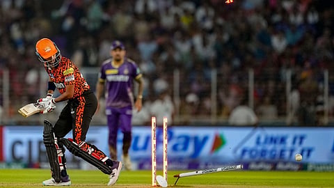 Sunrisers Hyderabad's Shahbaz Ahmed is bowled out by Kolkata Knight Riders player Mitchell Starc during the Indian Premier League (IPL) 2024 T20 cricket match between Kolkata Knight Riders and Sunrisers Hyderabad at the Narendra Modi Stadium, in Ahmedabad, Tuesday, May 21, 2024.