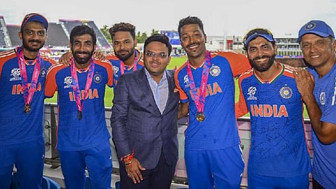 Coach Rahul Dravid with players Axar Patel, Jasprit Bumrah, Rishabh Pant, Hardik Pandya and Ravindra Jadeja and BCCI Secretary Jay Shah during celebration after India defeated South Africa in the ICC Men's T20 World Cup final cricket match.