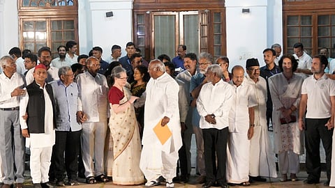 Congress President Mallikarjun Kharge, Sonia Gandhi, Rahul Gandhi, NCP chief Sharad Pawar, CPI(M)'s Sitaram Yechury, Samajwadi Party President Akhilesh Yadav, AAP's Sanjay Singh and other leaders after the INDIA bloc leaders' meeting at Kharge's residence, in New Delhi, Wednesday, June 5, 2024.