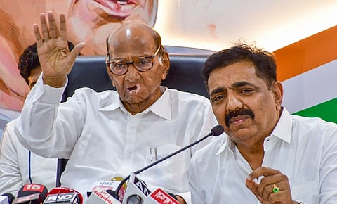 NCP (Sharadchandra Pawar) chief Sharad Pawar and party leader Jayant Patil address the media, in Mumbai, Thursday, June 6, 2024.