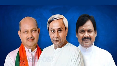 From Left to Right - Odisha BJP state president Manmohan Samal, BJD supremo Naveen Patnaik and Congress state president Sarat Pattanayak