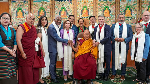 Tibetan spiritual leader Dalai Lama with former US House of Representatives Speaker Nancy Pelosi and other members of the US Congressional delegation after a meeting at his residence, in Dharamsala, Wednesday, June 19, 2024.