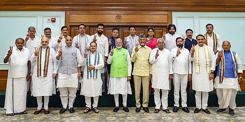 Prime Minister Narendra Modi with BJP President J P Nadda, TDP chief N Chandrababu Naidu, JD(U) chief Nitish Kumar and other leaders during a meeting of the National Democratic Alliance (NDA) at PM's residence, in New Delhi, Wednesday, June 5, 2024.