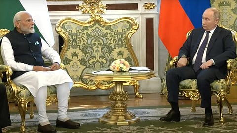 Prime Minister Narendra Modi and Russian President Vladimir Putin during a meeting, in Moscow, Tuesday, July 9, 2024.