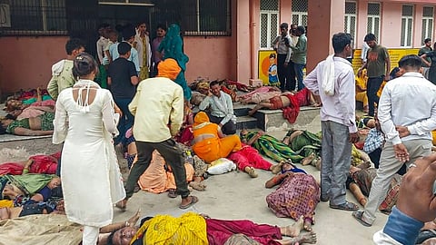 Victims outside the Trauma Centre after a stampede broke out at a religious gathering, in Hathras district, Tuesday, July 2, 2024.