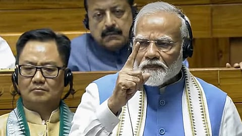 Prime Minister Narendra Modi replies to the Motion of Thanks on the President's Address in the Lok Sabha during the ongoing Parliament session, in New Delhi, Tuesday, July 2, 2024.