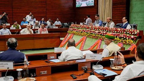 Defence Minister Rajnath Singh, Union Minister for Parliamentary Affairs Kiren Rijiju and Union Minister Jagat Prakash Nadda during the all-party meeting ahead of the Budget session of Parliament, in New Delhi, Sunday, July 21, 2024.