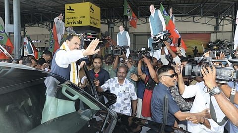 BJP National President and Union Minister of Health & Family Welfare and Chemicals & Fertilizers JP Nadda being welcomed by party workers upon his arrival, in Thiruvananthapuram.