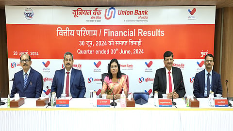 Seen in the photograph is A. Manimekhalai (C), Managing Director & CEO, Union Bank of India, flanked by Shri Nitesh Ranjan, Shri Ramasubramanian S., Shri Sanjay Rudra & Shri Pankaj Dwivedi Executive Directors Union Bank of India at the press conference held in Mumbai on the occasion of the announcement of Financial Results for the Quarter ended June 30, 2024