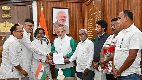 Jharkhand Governor CP Radhakrishnan receives the resignation letter from Chief Minister Champai Soren at the Raj Bhavan, in Ranchi, Wednesday, July 3, 2024. Former chief minister Hemant Soren and Congress leader Ghulam Ahmad Mir are also seen.