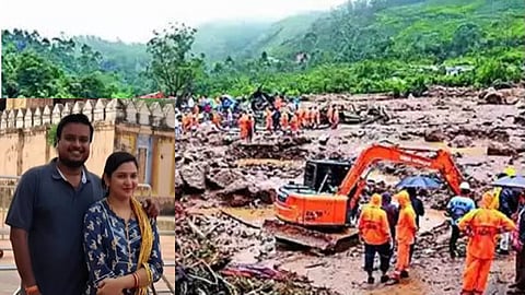 Dr Swadheen Panda and Sweekruti Mahapatra ( inset), and the view of Wayanad landslide tragedy