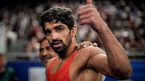 India's Aman after winning the men's freestyle 57kg wrestling quarterfinal match against Albania's Zelimkhan Abakarov at the 2024 Summer Olympics, in Paris, France, Thursday, Aug. 8, 2024.