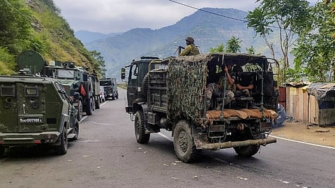 Army personnel near the site of an encounter between security forces and militants, in Doda district of Jammu and Kashmir, Wednesday, Aug. 14, 2024. At least an Army captain and four terrorists have been killed in the encounter, according to officials.