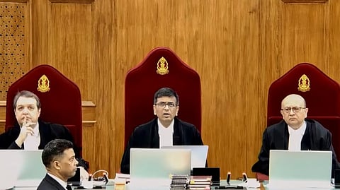 A bench comprising Chief Justice of India (CJI) D.Y. Chandrachud, Justice J.B. Pardiwala and Justice Manoj Misra during hearing on a suo moto case related to the alleged sexual assault and murder of a postgraduate trainee doctor in Kolkata, at the Supreme Court in New Delhi, Thursday, Aug. 22, 2024.