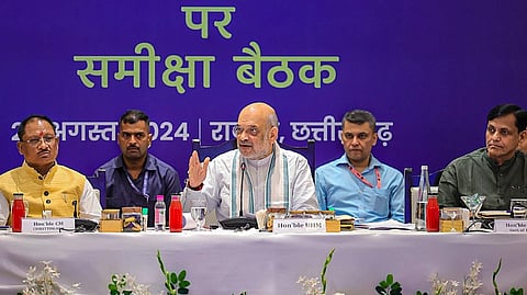 Union Home Minister Amit Shah chairs a review meeting and inter-state coordination meeting on left wing extremism with Chhattisgarh and neighbouring states, in Raipur. Chhattisgarh Chief Minister Vishnu Deo Sai is also seen.