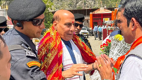 Union Defence Minister and BJP leader Rajnath Singh being welcomed on his arrival for a public rally for J&K Assembly elections, in Ramban, Sunday, Sept. 8, 2024.