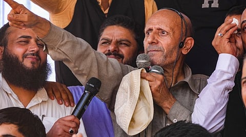 Baramulla MP and Awami Ittehad Party (AIP) chief Sheikh Abdul Rashid, popularly known as Engineer Rashid, addresses a rally for Jammu and Kashmir Assembly elections, in Baramullah district of North Kashmir, Thursday, Sept 12, 2024.