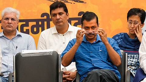 Delhi Chief Minister Arvind Kejriwal with ministers Kailash Gahlot, Saurabh Bharadwaj and Atishi during AAP workers' meeting, in New Delhi