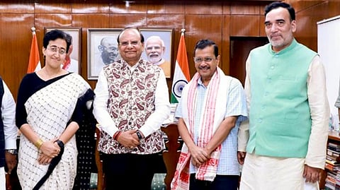 Delhi CM designate Atishi and AAP leader Gopal Rai along with outgoing CM Arvind Kejriwal meet Lieutenant Governor V K Saxena, in New Delhi, Tuesday, Sept. 17, 2024.