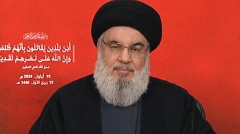 Hezbollah leader Hassan Nasrallah gives a televised address on September 19, 2024, following a wave of explosions in the terror group's communications devices that was blamed on Israel.