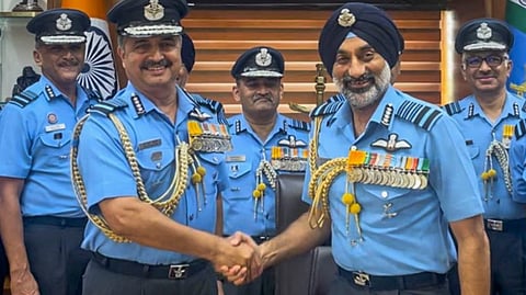 Outgoing Chief of the Air Staff (CAS) Air Marshal Vivek Ram Chaudhari during handing over of the command to new CAS Air Marshal Amar Preet Singh at Air headquarters, in New Delhi, Monday, Sept. 30, 2024.