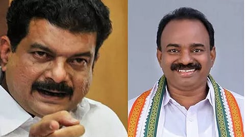 Dissident MLA P V Anvar (L) and former Congress leader N K Sudhir