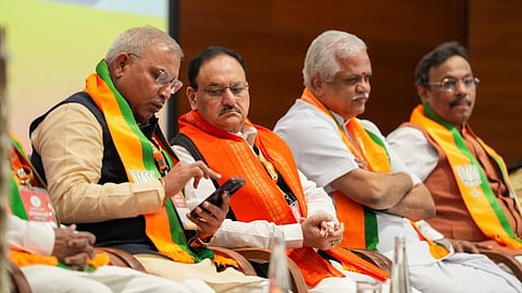 Union Minister and BJP National President JP Nadda with party National General Secretaries (organisation) Shiv Prakash and B L Santhosh during a party meeting, in New Delhi, Monday, Oct. 21, 2024.
