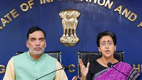 Delhi Chief Minister Atishi along with Minister Gopal Rai addresses a press conference, in New Delhi, Monday, Oct. 28, 2024.