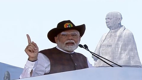 PM Narendra Modi addresses the gathering near the statue if Unity