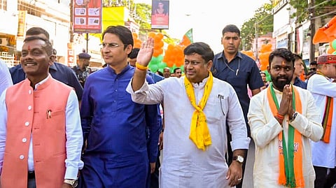 Sukanta Majumdar with BJP MP Raju Bista and party candidate for the Madarihat bypoll Rahul Lohar and others during Lohar's nomination rally, in Alipurduar district, West Bengal, Wednesday, Oct 23, 2024.