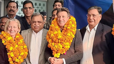 World Athletics President Sebastian Coe is being welcomed by Athletics Federation of India head Adille Sumariwalla at New Delhi