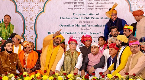 Union Minister for Minority Affairs Kiren Rijiju at the shrine of Sufi saint Khwaja Moinuddin Chishti to offer a ceremonial 'chadar' on behalf of Prime Minister Narendra Modi, in Ajmer, Rajasthan, Saturday, Jan. 4, 2025.