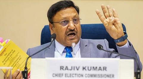 Chief Election Commissioner Rajiv Kumar addresses a press conference for the announcement of the schedule for the Delhi Assembly elections, in New Delhi, Tuesday, Jan. 7, 2025.