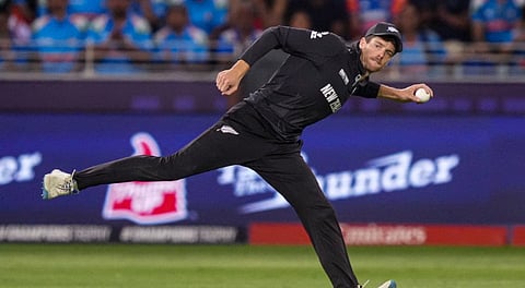 New Zealand's M Santner in action during the ICC Champions Trophy 2025 final cricket match between India and New Zealand, in Dubai, UAE, Sunday, March 9, 2025.