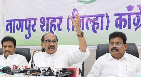 Senior Congress leader Manikrao Thakre along with party leaders addresses a press conference regarding the recent violence, in Nagpur, Saturay, March 22, 2025.