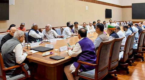 Vice President Jagdeep Dhankhar during a meeting with floor leaders of various political parties in Rajya Sabha at Parliament House, in New Delhi.