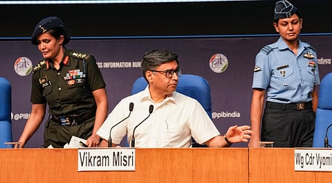 Foreign Secretary Vikram Misri with Army's Col Sofiya Qureshi and IAF Wing Commander Vyomika Singh during a press conference regarding 'Operation Sindoor', in New Delhi, Wednesday, May 7, 2025.