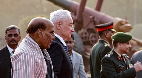 Defence Minister Rajnath Singh with his Russian counterpart Andrey Belousov prior to the 22nd India-Russia Inter-Governmental Commission on Military and Military Technical Cooperation ministerial meeting, in New Delhi, Thursday, Dec. 4, 2025.