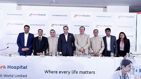 (Left to Right) Mr. Rohan Sawant, Executive Director, Corporate Finance And Capital Markets, ClSA India Private Limited, Mr. D.K. Surana, Chairman And Managing Director, Intensive Fiscal Services Private Limited, Mr. Rajesh Sharma, CFO, Park Medi World Ltd., Dr. Ankit Gupta, Managing Director, Park Medi World Ltd., Dr. Sanjay Sharma, Whole Time Director And CEO, Park Medi World Ltd
