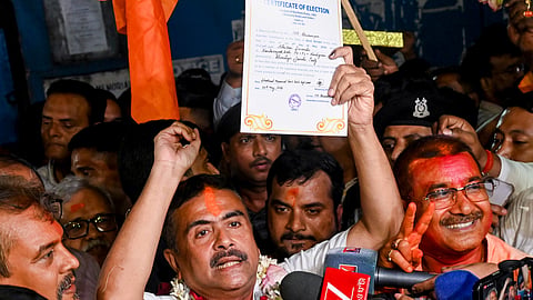 BJP candidate for Bhabanipur and Nandigram constituencies, Suvendu Adhikari speaking to the media after winning in both the constituencies for the West Bengal Assembly elections results, in Kolkata, Monday, May 4, 2026.