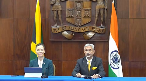 India's External Affairs Minister S Jaishankar (R) and Jamaican counterpart Kamina J Smith (L)