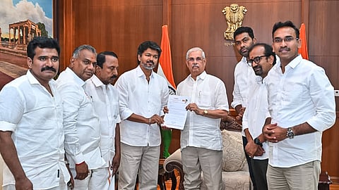 Tamil Nadu Governor Rajendra Arlekar with Tamilaga Vettri Kazhagam (TVK) chief Vijay during a meeting, at Lok Bhavan, in Chennai, Wednesday, May 6, 2026.