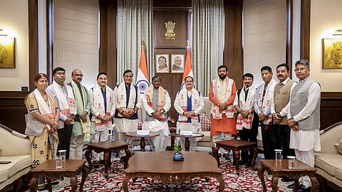Assam Chief Minister-designate Himanta Biswa Sarma meets Governor Lakshman Prasad Acharya and stakes claim to form the next government, in Guwahati, Assam. Union Minister JP Nadda, Haryana Chief Minister Nayab Singh Saini, state BJP president Dilip Saikia, and others, are also seen.