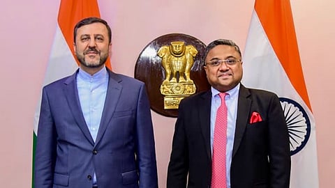 Secretary (West) Ambassador Sibi George with Iran Legal and International Affairs Deputy Foreign Minister Kazem Gharibabadi during a meting.