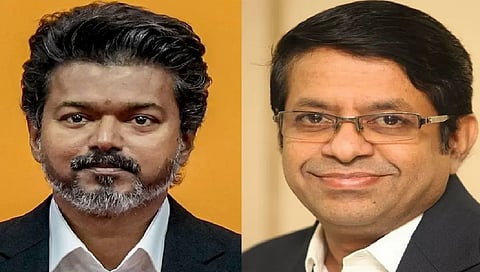 CM Vijay (L) and astrologer Rickey Radhan Pandit Vettrivel (R)