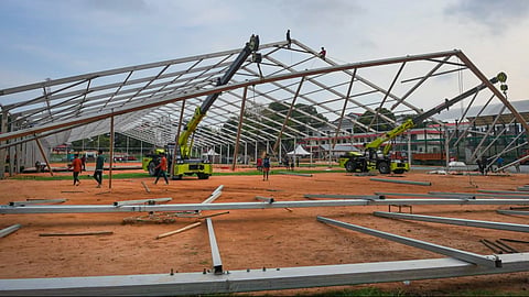 Preparations underway ahead of the swearing-in ceremony of Kerala Chief Minister-designate VD Satheesan, at Central Stadium, in Thiruvananthapuram.